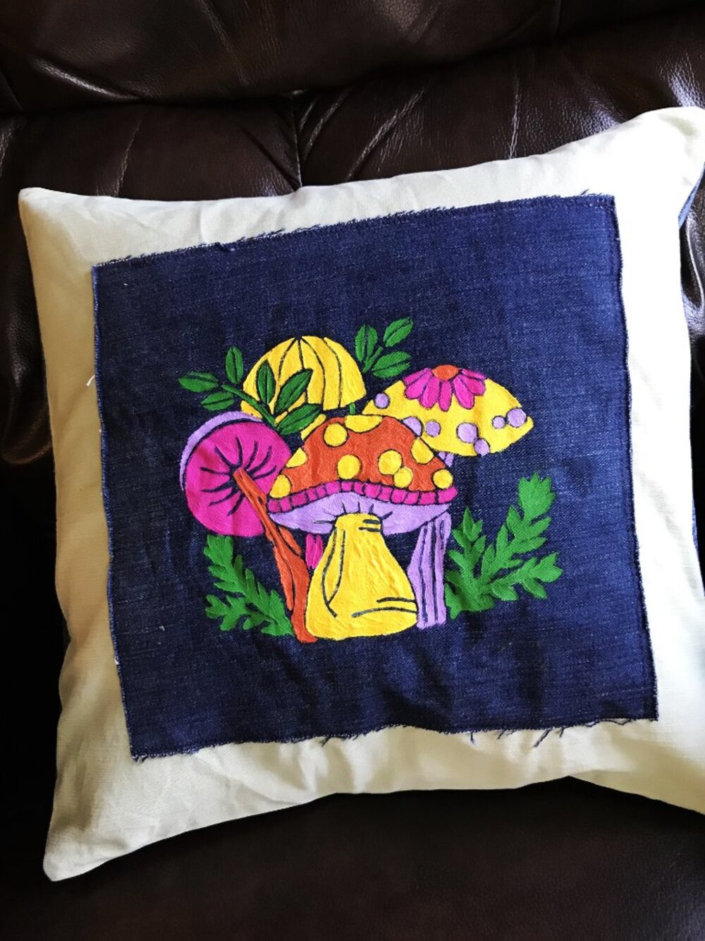 Mushroom Pillow Cover 16 x 16 Hand Painted Envelope Style Cottagecore Sham